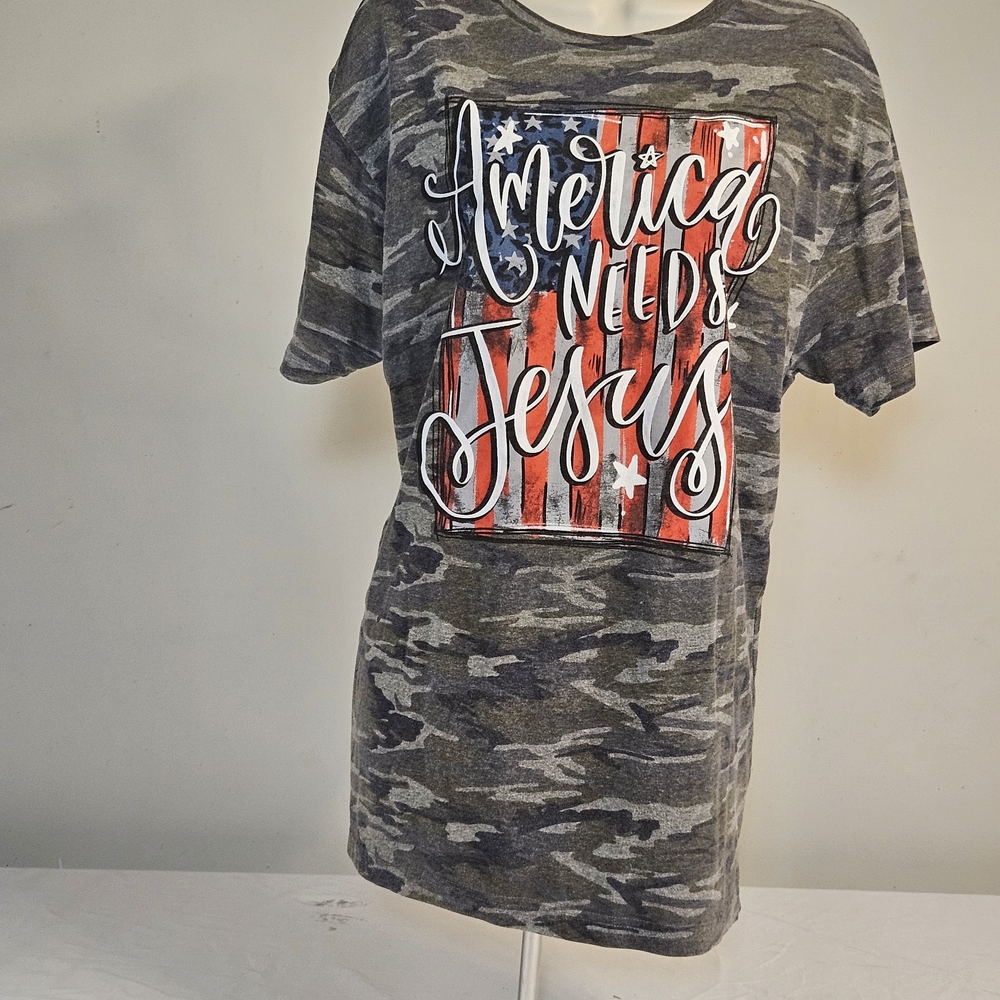 America Needs Jesus Camo Short Sleeve Tee - Gray